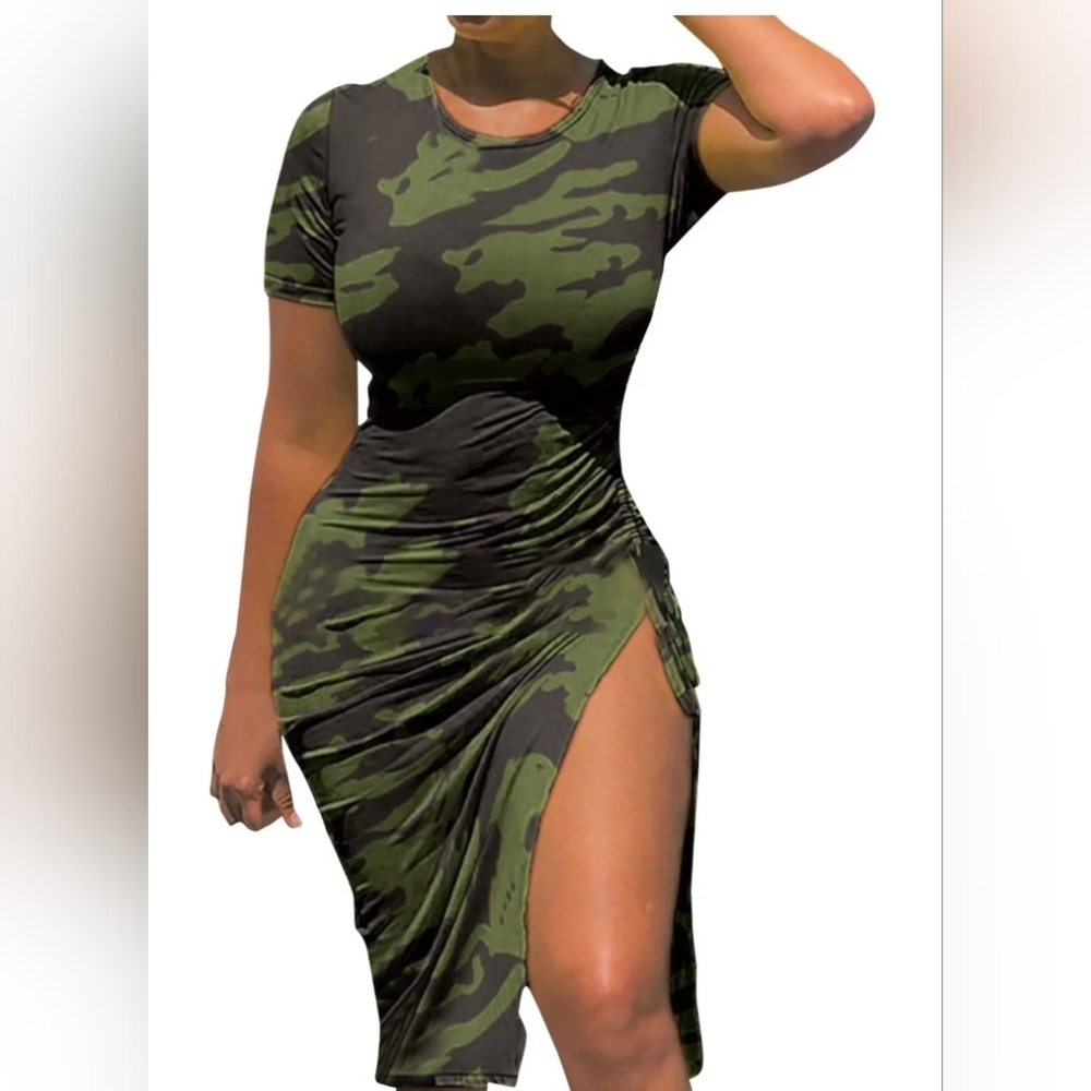 Ruched Camo Side-Slit Bodycon Dress - Green